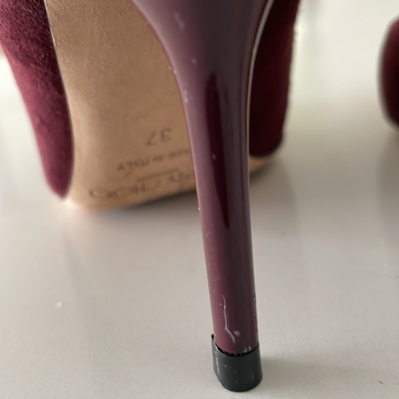 Jimmy Choo Burgundy Suede Pump w/ Patent Leather Heel - Picture 10 of 14